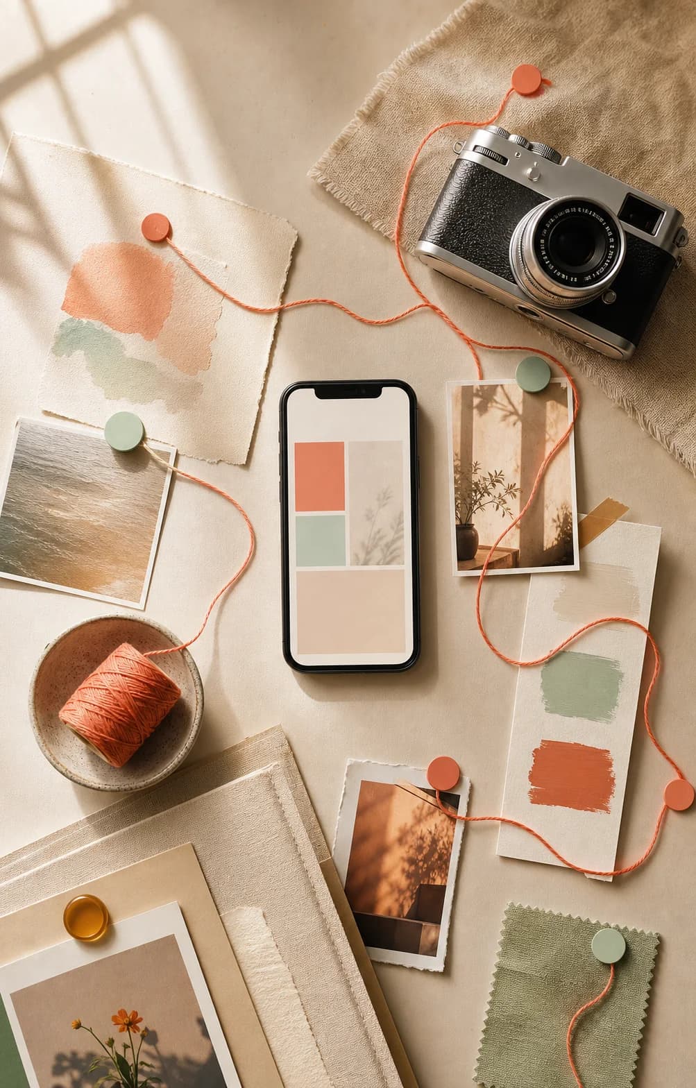 An editorial creative desk connected by StoryMint’s coral story thread